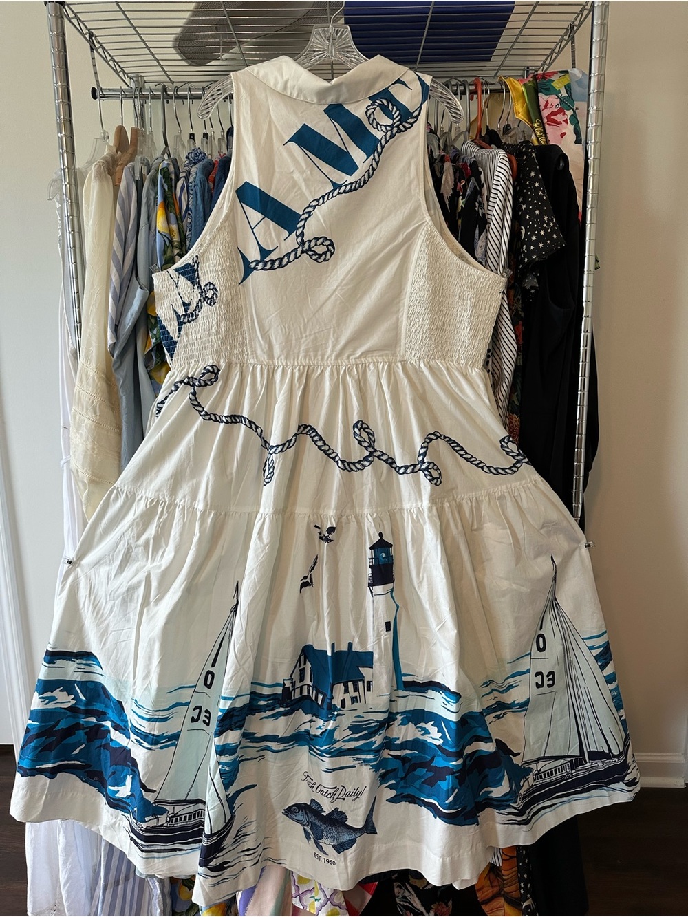Maeve White & Navy Nautical Button-Front Midi Dress - Picture 9 of 13